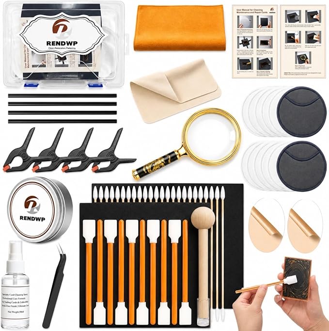 RENDWP 17-in-1 Trading Card Cleaning Care Kit with Clean Spray,Polish,Tweezers,Flattening Tool in Box for All Cards Restoration Repair and Grading Preparation and Flattenin Card Clean Accessories