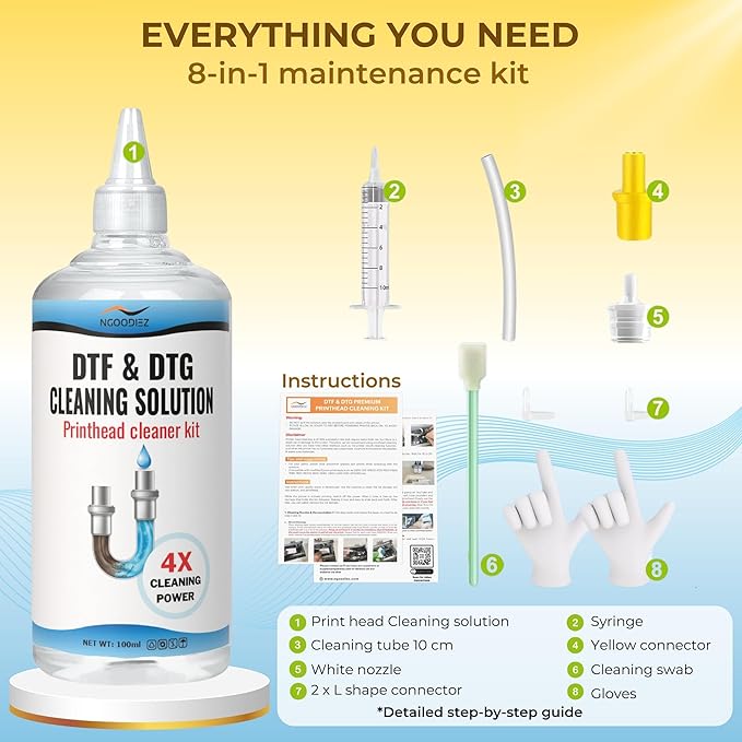NGOODIEZ DTF Cleaning Solution Kit for Epson ET-8550 L1800 XP-15000 | DTF DTG Printer Head Cleaner Dissolves White Ink Clogs | Restores Print Quality & Extends Printhead Life - 100mL