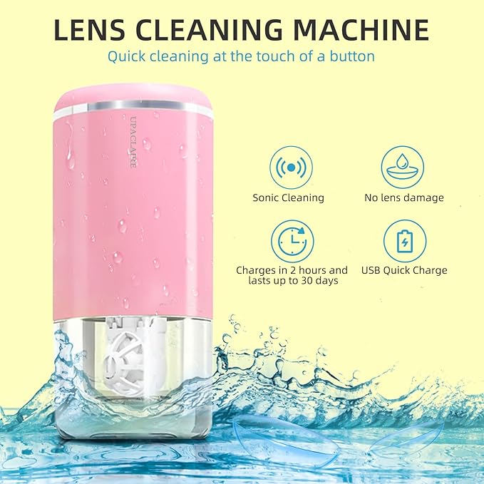 Portable Ultrasonic Contact Lens Cleaner with USB Charger and Solution Soak Case - Soft, Colored, Pink