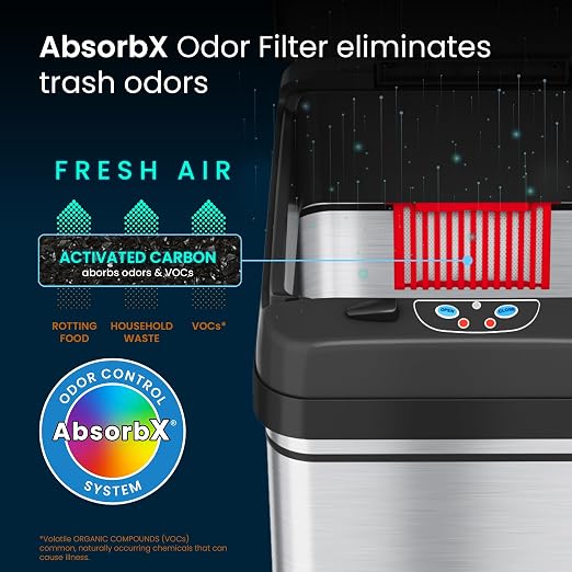iTouchless 13 Gallon Glide Sensor Trash Can 7 Filters Odor Control System, Automatic Kitchen and Office Garbage Bin, Stainless Steel with Caster Wheels (DZM13CF06)