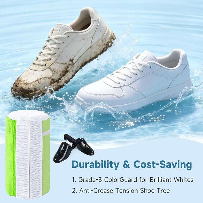 Shoe Bag for Washing Machine and Dryer - 2PCS XXL Reusable Shoe Laundry Bag with Shoe Tree - Chenille Microfiber 360°Deep Cleaning Bag for Sneakers Tennis Delicate Shoes - Green 15.35 × 7.5 Inches