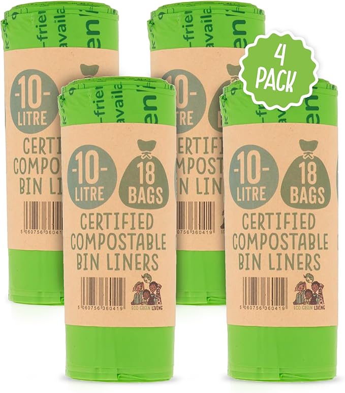 Eco Green Living 100% Compostable Caddy Liners, Biodegradable Food Waste Bags. Plastic & BPA-Free 10L Bin Liners, Vegan, Recyclable, Leakproof Kitchen Waste Bags, 4 Pack, 72 Bags