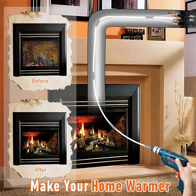 30Feet Chimney Sweep Kit - 6 in Brush Head, Dryer Vent Cleaner, Rotary Cleaning System for Flue/Fireplace/Sewage Pipe/Hood With 23 Nylon Flexible Rods