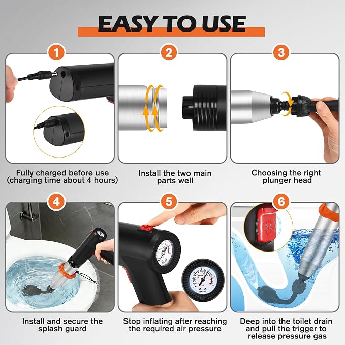 Electric Toilet Plunger, Drain Unclogger Plungers High Pressure Air Drain Blaster with Drain Auger, Splash-free Plungers for Bathroom, Plumbing Snake for Toilet, Clog Remover Heavy Duty(Black)