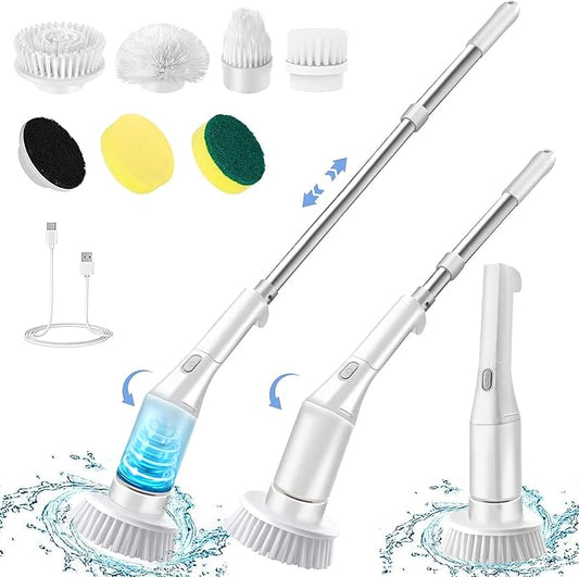 Electric Spin Scrubber, Brush Head Angle Adjustable, Shower Brush, Cordless Cleaning Brush IPX6 Waterproof, 6 Replaceable Brush Heads, Extendable Handle, 2 Speed, for Bathroom, Tile, Kitchen, Car