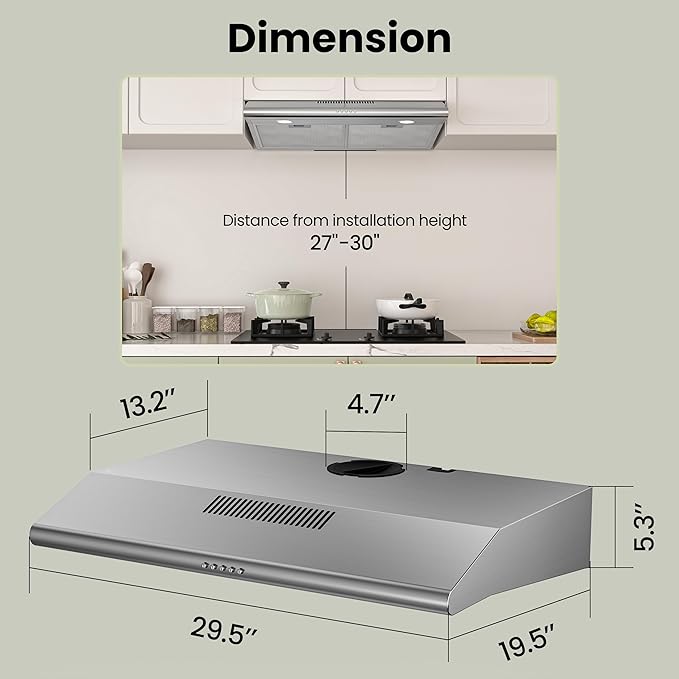 FIREGAS 30 Inch Under Cabinet Range Hood, 300 CFM Ducted/Ductless Kitchen Vent Hood Over Stove, 3-Speed Exhaust Fan with LED Light, Reusable Filter & Charcoal Filter, Stainless Steel
