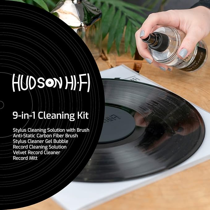 9-in-1 Vinyl Record Cleaning Kit – Anti-Static Cleaner, Carbon Fiber & Velvet Brushes, Stylus Gel, Microfiber Cloth, Mitts & Label Protector for LP Care