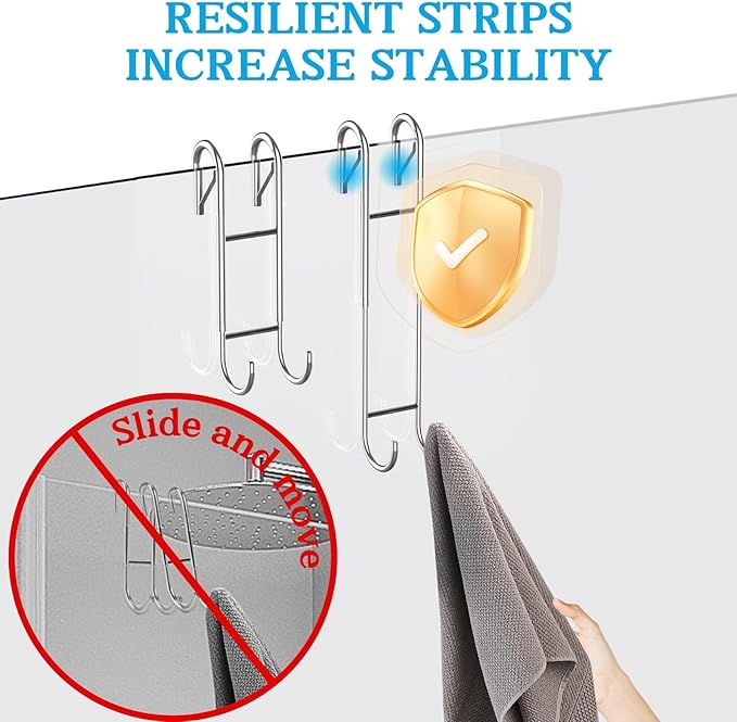 Shower Door Towel Hooks - 9"~13" Length Adjustable Hook for Frameless Over The Door Glass, Squeegee Holder, Towel Hanger for Bath Suits Rozer Robes Loofahs Shavers, Stainless Steel, 2-Pack, Silver