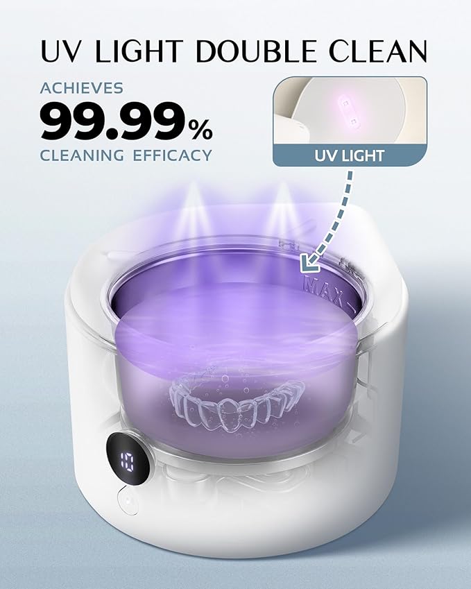 45khz Ultrasonic Retainer Cleaner Machine, Dental Cleaning Pod with 4 Modes & Digital Timer, Mouthguard Cleaner for Dentures, Aligners, Mouth Guards, Night Guards, Jewelry