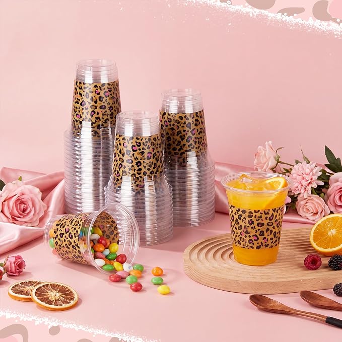 Qinyoung 50 Pcs Hot Pink Leopard Print Plastic Cups Cheetah Animal 12oz Disposable Cups Bulk Drinking Cup for Cold Drinks Baby Shower Wedding Birthday Animal Cheetah Print Party Supplies