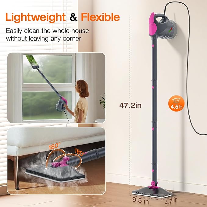 10-in-1 Steam Cleaner, Steam Mop with Detachable Handheld Steamer, 320ml Water Tank, 10s Fast Heating, Portable Steamer for Cleaning Floor, Tiles, Kitchen, Window, BBQ Grill, Car, Gray