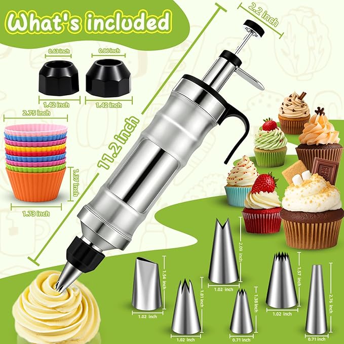 FANTEXY Dessert Decorating Syringe Set, Stainless Steel Icing Piping Kit | Cake Decorating Tools, 6 Piping Icing Nozzles, Cupcake Decorating Kit