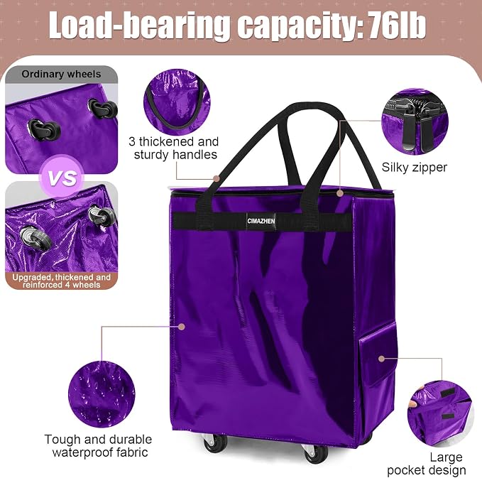 (Medium,Purple) Reusable Grocery Bag on 4 Wheels, 70L Foldable Rolling Tote Bag with 3 Handles and Zipper, Rolling Shopping Cart for Groceries, Storage, Laundry, Travel, Organizer, 76lb
