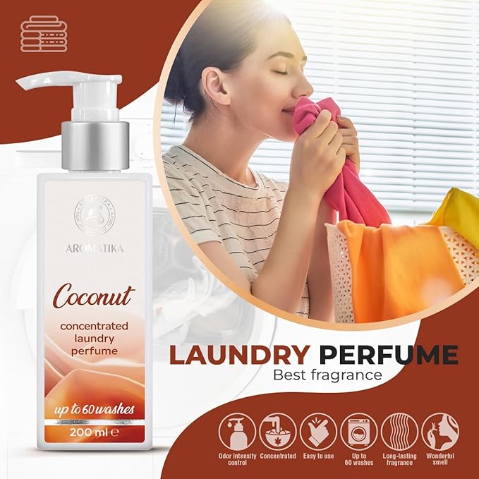 Concentrated Laundry Perfume Coconut 200ml - Liquid Perfume Laundry - Linen Freshener - Laundry Scent Booster - Washing Fragrance - Exotic and Long Lasting Scent - Cotton Perfume
