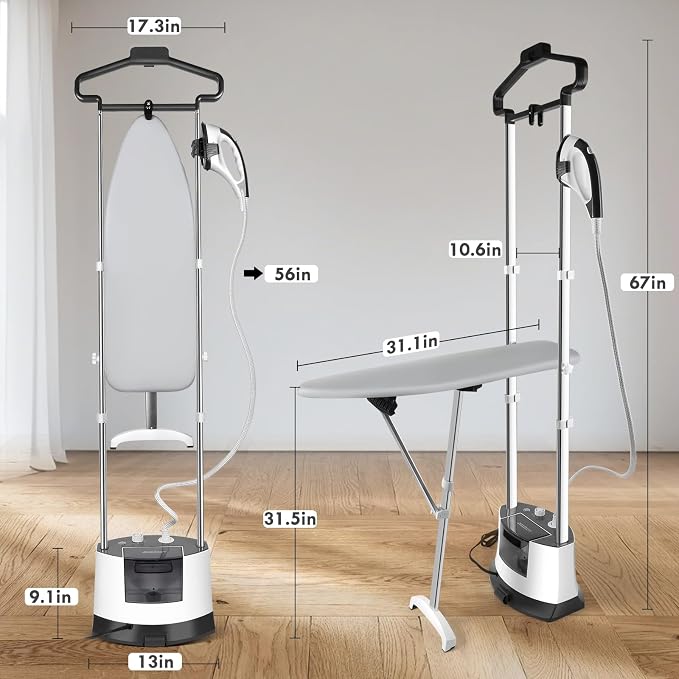 Standing Garment Steamer 1500W Standing Garment Steamer - 30s Fast Heat, 101 fl.oz Detachable Tank, 2 - Level Steam Ironing Board and Clothing Hanger,Adjustment for Flat Hanging & Diagonal Ironing