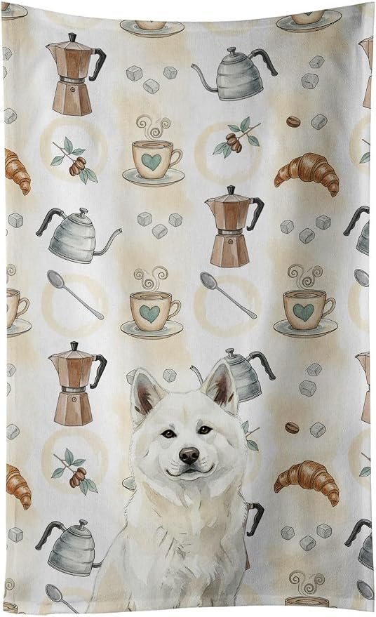 Caroline's Treasures White Akita Coffee Bar Kitchen Towel Velour Plush Front and Cotton Loop Back Machine Washable