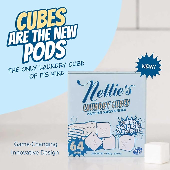 Nellie's Laundry Cubes 64 Load - Zero Plastic, PVA-Free Laundry Detergent - Tough on Stains & Odors - Dissolves in Hot or Cold Water - HE & Standard Machine Safe - Made in Canada