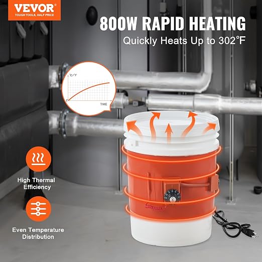 VEVOR Metal Drum Heater, 800 Watt 7.75" Width, Pail Heating Band for 5 Gallon Barrel, 86-302℉ Adjustable Thermostat, High Efficiency Silicone Grease Keg Heater, Tested to UL 499 Standard, FCC Listed