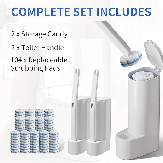 Wazzio 2 Pack Disposable Toilet Brush with Holder Set, 104 Count Toilet Wand Refills, Extended Handle Toilet Bowl Cleaner Brush for Bathroom and Bathtub Deep Cleaning
