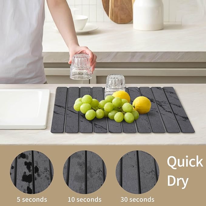 Stone Dish Drying Mat for Kitchen Counter - Large Foldable Marbled Quick Drying Dish Mats With Stone Coasters Set of 4 Collapsible Ultra Absorbent Diatomaceous Earth Mats for Bathroom (Grey)