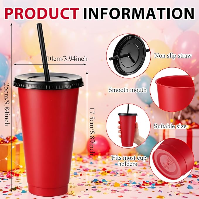 Honeydak 30 Pack Tumbler with Straw and Lid Bulk Cups for Gifts Water Bottle Iced Coffee Travel Mug Cup Reusable Plastic Tumblers for Party Birthdays 24-27 oz (Red and Black)