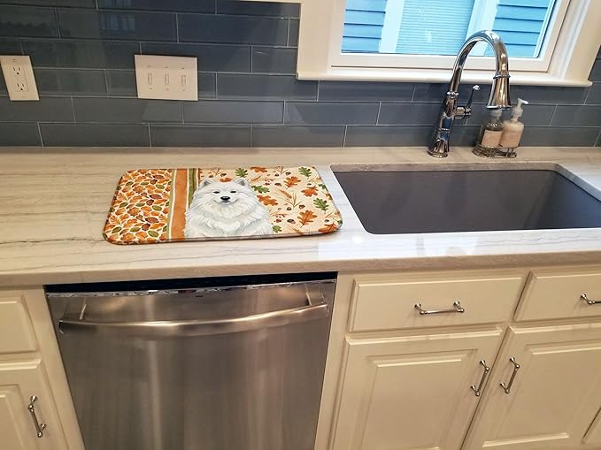 Caroline's Treasures White Samoyed Heirloom Fall Dish Drying Mat Absorbent Dish Drying Mat Pad for Kitchen Counter Dish Drainer Mat for Countertop, 14 x 21", Multicolor