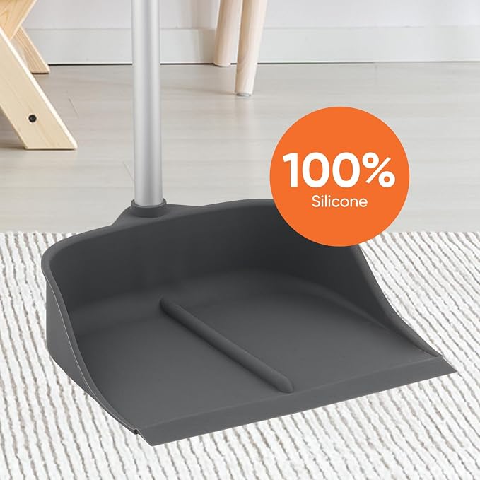 Silicone Dust Pan with Handle Lobby Dustpan with Long Handle Stand Up Dustpan, 35" Aluminum Long Handle, by Superio