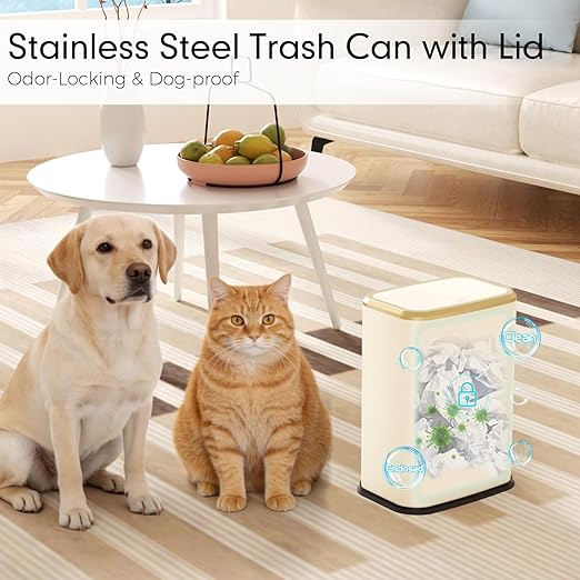 Bathroom Trash Can with Lid, 8L/2.1 Gallon Beige Trash Can Small Garbage Can with Press Top Lid Slim Stainless Steel Garbage Can with 100 Counts Trash Bags for Bathroom Bedroom Kitchen Office Toilet