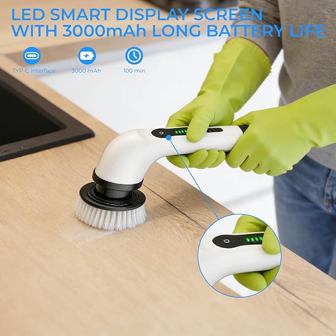 Electric Spin Scrubber for Bathroom, Cordless & Rechargeable with 6 Interchangeable Heads, Extendable Long Handle 48 in for Tile, Grout, Tub & Floor Cleaning