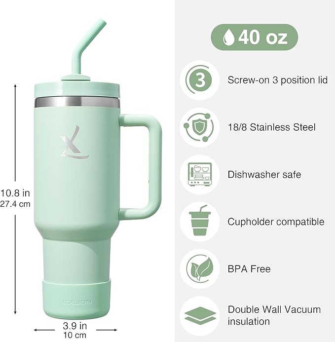 lexlion FlowOne Tumbler with Handle and Straw Lid– Insulated Stainless Steel Travel Mug – BPA-Free, Leakproof, Dishwasher Safe – Hot and Cold Drinkware – Car Cup Holder Fit (Sage Green, 40 Ounce)