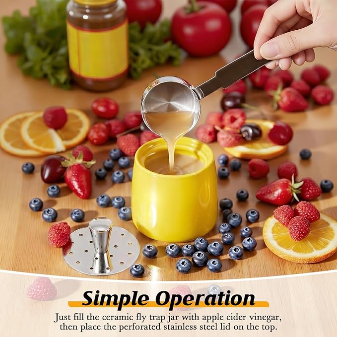 Ceramic Fruit Fly Trap for Indoors, Reusable Kitchen Fly Catcher with Stainless Steel Vent Lid, Uses Safe & Natural Vinegar Bait Trap, Dishwasher Safe, Easy to Use (Yellow,1 Pack)