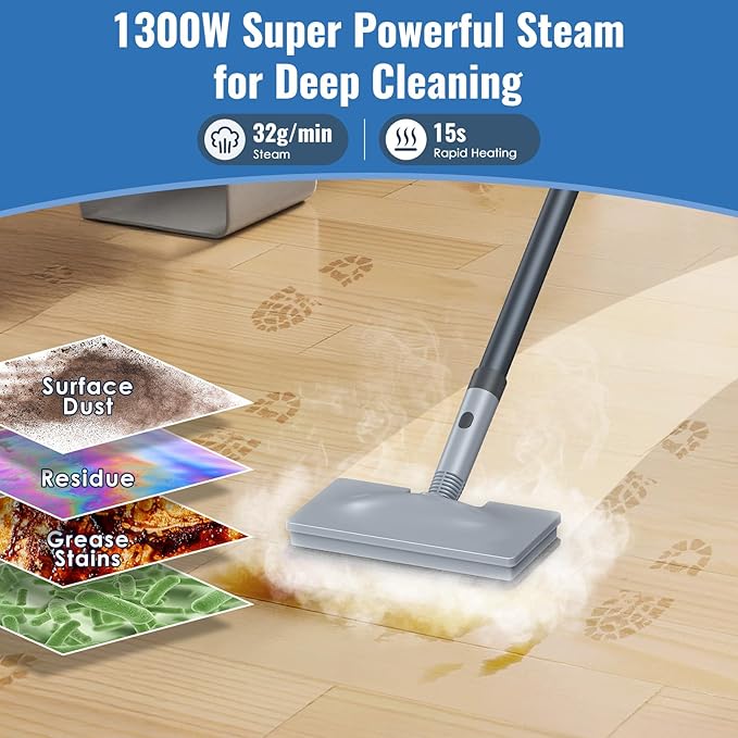 FEPPO Steam Mop & Handheld Steam Cleaner for Home and Floor Cleaning, 15s Heat-Up, 230°F Powerful Steamer with 10in1 Multi-Purpose Attachments for Floor,Hardwood,Tile,Grout,Window,Kitchen,Bath