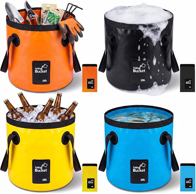4 Pcs Collapsible Bucket with Handle 5 Gallon(20L) Foldable Water Container Folding Water Bucket Portable Folding Camp Wash Basin for Outdoor Travelling Camping Hiking Fishing Car Washing
