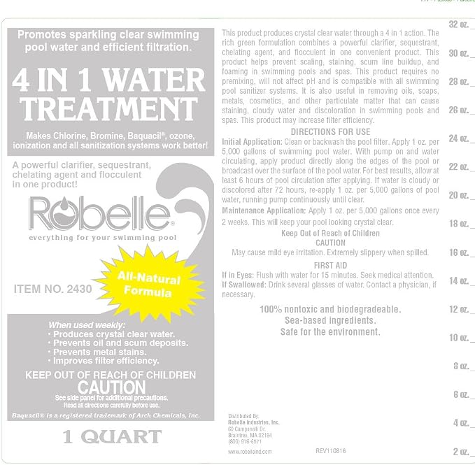Robelle 1-Quart Concentrated 4-in-1 Water Treatment, Pool Clarifier, Made in USA