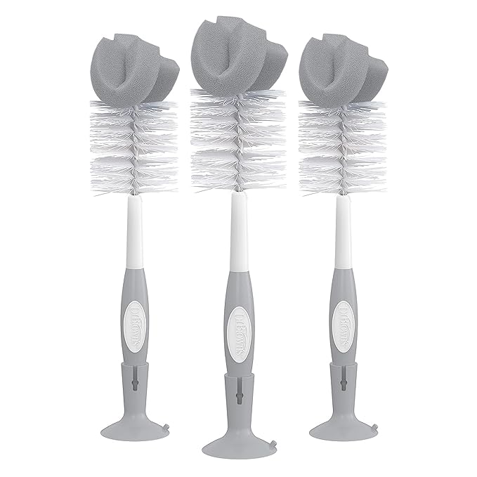 Dr. Brown's Baby Bottle Drying Tower, Stand-Up Drying Rack with Reusable Sponge Baby Bottle Cleaning Brush Set, 3-Pack, Grey