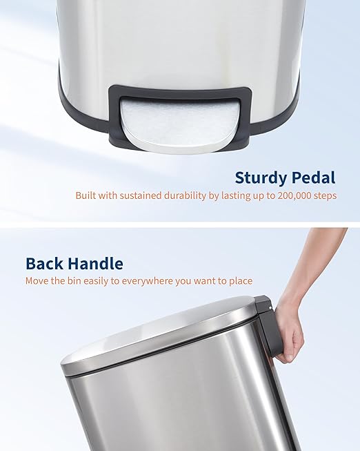 GarveeHome 13 Gal Slim Trash Can, Step Garbage Can with Soft-Close Lid, Stainless Steel Recycling Bin Waste Container with Removable Inner Bucket for Kitchen, Bathroom, Office, Silver