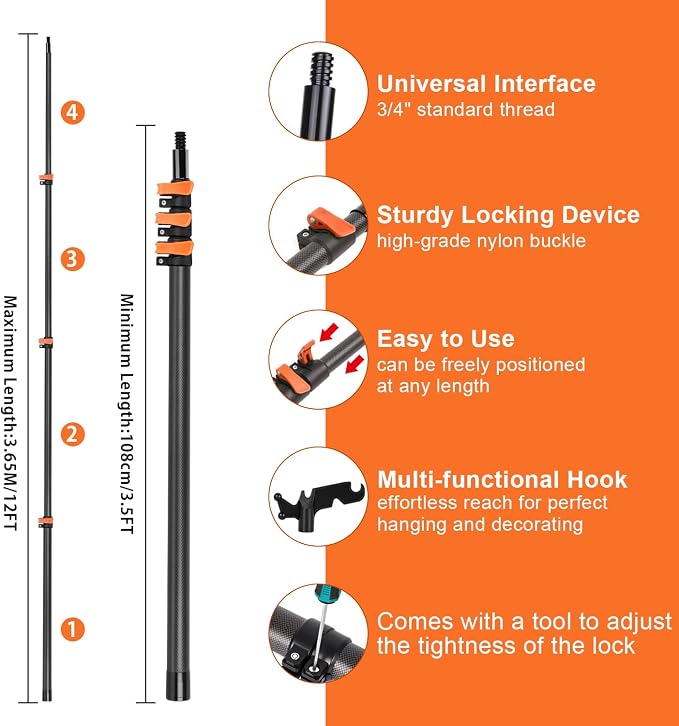 Carbon Fiber Extension Pole with Utility Hook, 3.5-12FT Multi-Purpose Telescoping Paint Pole, Heavy Duty Extendable Pole for Painters, Cleaning & Christmas Decorations, No Ladder Needed