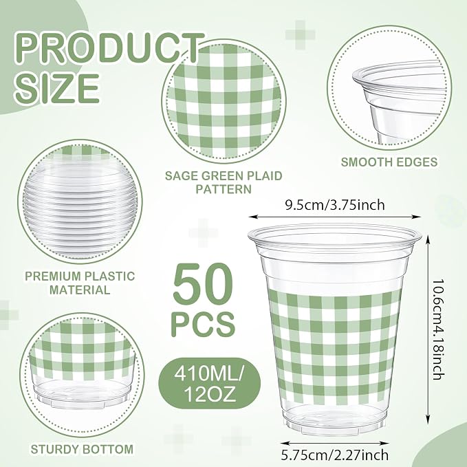 Qinyoung Checkered Plastic Cups 12oz Gingham Party Disposable Cups Bulk Drinking Cup for Cold Drinks Baby Shower Wedding Summer Birthday Party Supplies(Sage Green and White,50 Pcs)