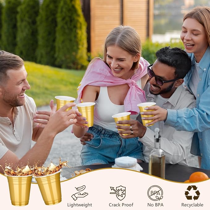 tchrules 100 Pcs 12oz Gold Plastic Cups, Disposable Gold Party Cup for Christmas, Plastic Drinking Cup Bulk for Halloween Thanksgiving Birthday Wedding Picnic Party Decoration Supplies