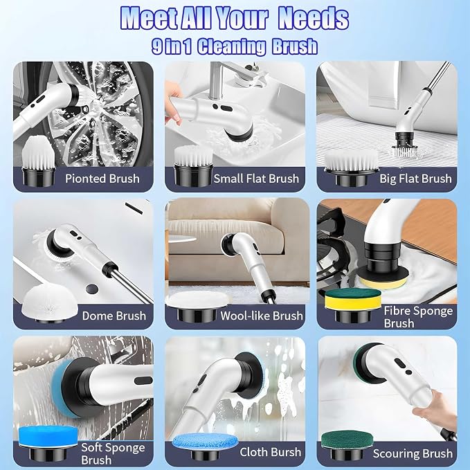 Electric Spin Scrubber, Cordless Bathroom Scrubber Brush with 9 Replaceable Heads,3-Speed Electric Scrubber with Adjustable Handle,IPX7 Shower Scrubber for Bathroom Tile,Kitchen Countertop,Car Trunk