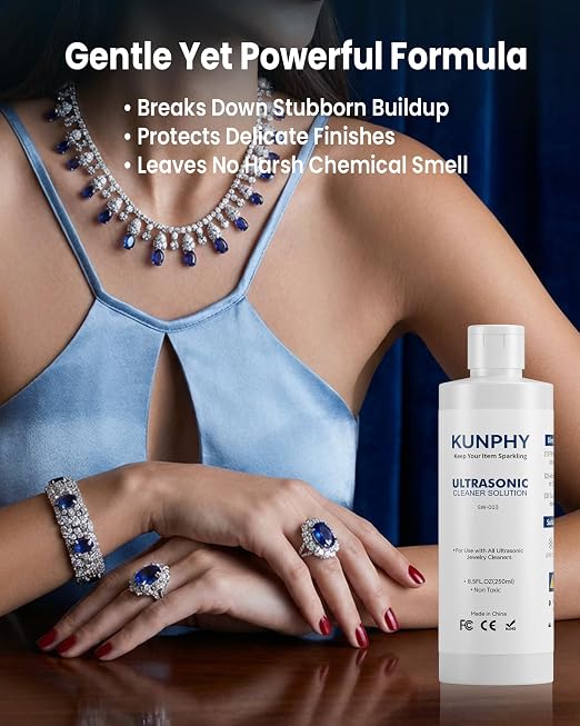 kunphy Sonic Jewelry Cleaner - Effective Solution for Cleaning Gold, Silver, Platinum, Diamonds, and Eyeglasses Watch, 8.5 oz (2 packs)