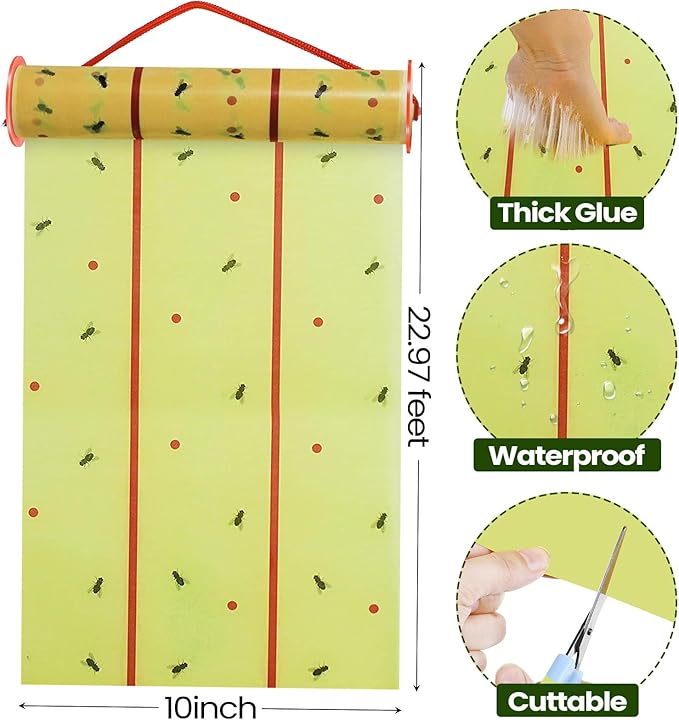 Qualirey 8 Rolls Giant Sticky Fly Traps 183 Feet Adhesive Fly Paper Fruit Traps Outdoor Indoor Strips Sticky Hanging Tapes Gnat Bug Catcher Pest Killer for Garage Greenhouse Barn Stable