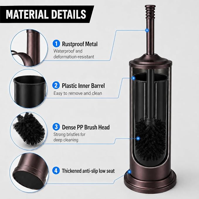 Red Bronze Toilet Brush and Holder Set，Extra Long Handled Toilet Bowl Brush and Holder，Stainless Steel Heavy Duty Toilet Brush for Bathroom,Deep Cleaning Modern Toilet Cleaner Slip Base