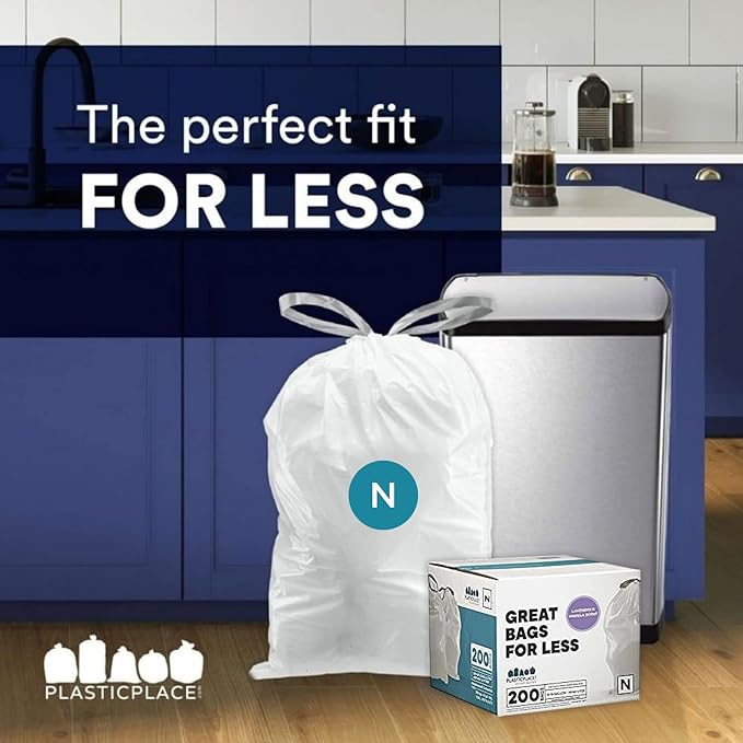 Plasticplace White Drawstring Lavender and Soft Vanilla Scented Garbage Can Liners, Compatible with Code N (200 Count) 12-13 Gallon, 45-50 Liter, 1.2 Mil, 22.5" x 31.5"