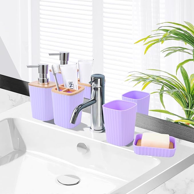 XLHOMO Purple Bathroom Accessory Set, Light Purple Bathroom Set with Trash Can, Tray, Toothbrush Holder,Toothbrush Cup,Soap Dispenser,Soap Dish,Toilet Brush and Qtip Holders