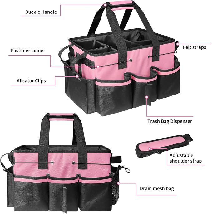 Grekos Large Cleaning Caddy Bags, Cleaning Caddy Suppliers Organizer with 4 Detachable Divider, Supply Caddy With Adjustable Shoulder Strap & Waist Belt For Housekeepers, Home, Car(Pink)
