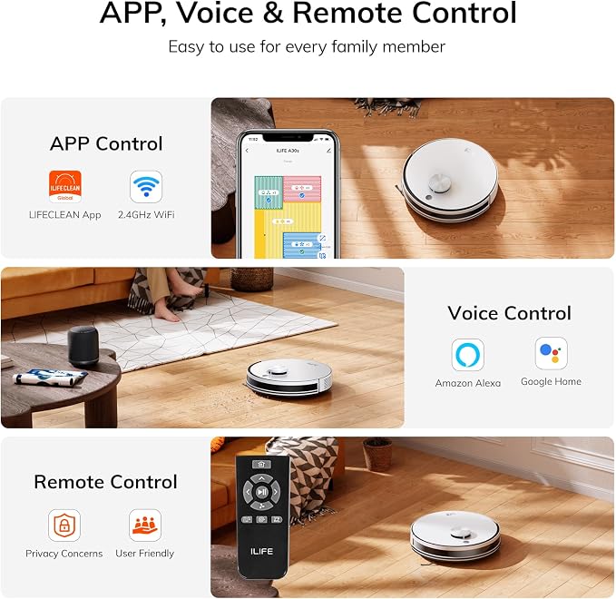 ILIFE A30s Robot Vacuum, 10000Pa Max Suction Robotic Vacuum Cleaner | LiDAR Navigation, Home Mapping, No-Go Zone, 150 Mins, 2.4G App, Voice and Remote Control, for Hard Floor, Carpet and Pet Hair