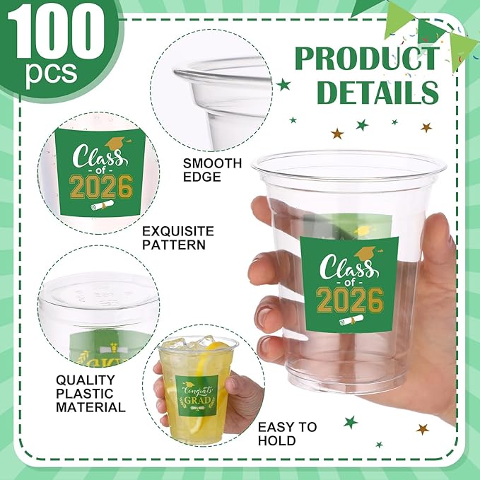 Amyhill 100 Pack 12oz Graduation Cups 2026 Graduation Decorations Disposable Plastic Cups Sturdy&Durable Drinkware for Class of 2026 Decorations Congrats Grad Party Favors Supplies (Green)