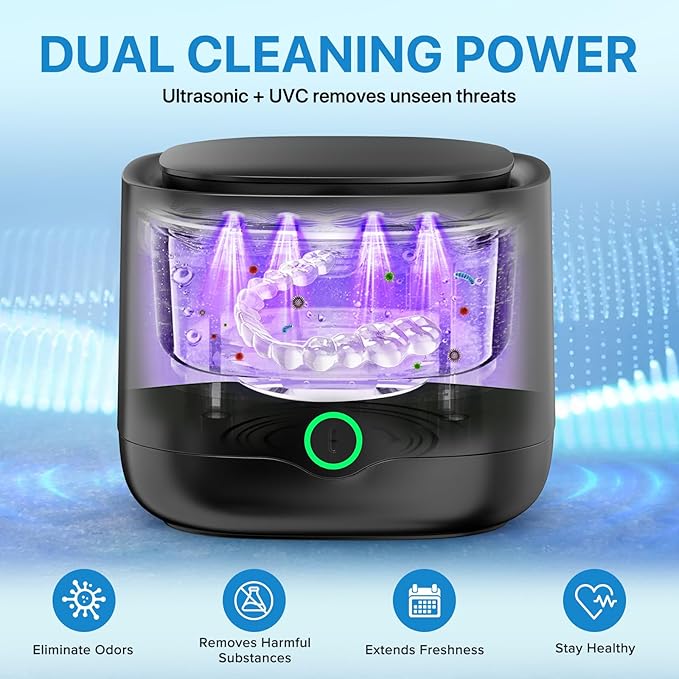Ultrasonic Retainer Cleaner with UV-C, 45kHz Rechargeable Dental Cleaning Machine 4000mAh, 200ML for Denture, Mouth Guard, Night Guard, Aligner, 3 Modes & 6 Cleaning Tablets