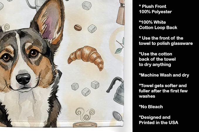 Caroline's Treasures Brindle Cardigan Welsh Corgi Coffee Bar Kitchen Towel Velour Plush Front and Cotton Loop Back Machine Washable